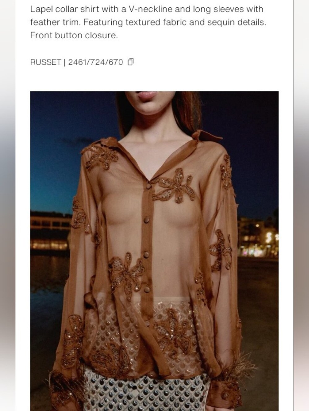 Zara Semi-sheer Floral Beaded Embroidery Feathered Long Sleeve With Front Button - Picture 11 of 11